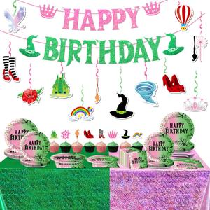 50Pcs Witch Princess Birthday Party Decorations Halloween Pink and Green Happy Birthday Banner Hanging Swirls and Honeycomb Centerpieces Tablecloth Cake Topper for Kids Baby Shower Supplies