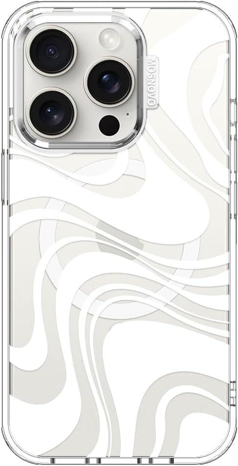 MOSNOVO Case for iPhone 15 Pro, [Compatible with Magsafe] [Buffertech 6.6ft Military-Grade Drop Protection] [Anti Peel Off Tech] Clear Phone Case Design - White Swirl