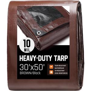 30 x 50 FT Waterproof Heavy Duty Tarp, 10 Mil Thick, Outdoor Furniture Covers, Plastic Insulated Tarpaulin for Camping Tent Roof Boat Patio Pool Cover, Large & Small Multi-Size Tarps, Brown/Black