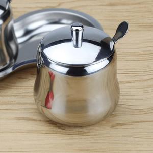 300ml Stainless Steel Sugar Bowl Coffee Seasoning Jar Condiment Pot Spice Container Canister Cruet with Lid and Spoon (Steel cover)