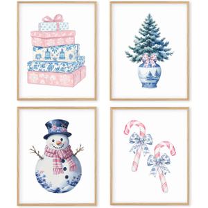 Boat Wades Chinoiserie Christmas Winter Wall Art Prints Set of 4, Grandmillennial Pink and Blue Xmas Tree Candy Cane Snowman Posters Pictures Wall Decor for Bedroom Home Office, 8x10 Unframed