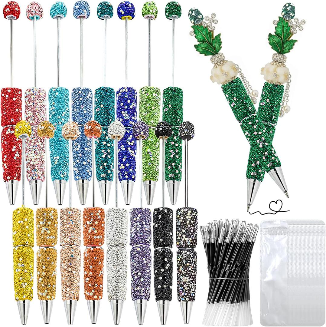 48 Pcs DIY Diamond Beadable Pen Kit - 16 Plastic Rhinestone Beaded Pens Bulk with Refills & Bags - Beaded Pen Kit for Students & Teachers School Projects, Office Gifts 