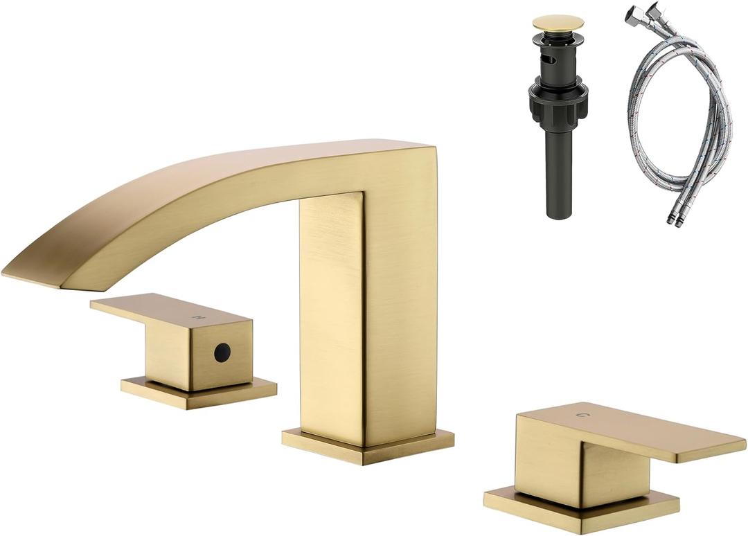 Brushed Gold Waterfall Bathroom Faucet 3 Holes - 8 inch Bathroom Sink Faucet 2 Handles - Stainless Steel Widespread Bathroom Vanity Faucet with Pop Up Drain & 2 Water Supply Lines,