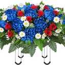 2 Pack HMJON Patriotic Artificial Cemetery Flowers Saddles Red White and Blue Flowers, Outdoor Grave Decoration 4th of July Faux Silk Rose Peony Floral Arrangement Headstone Saddle for Grave Memorial Day