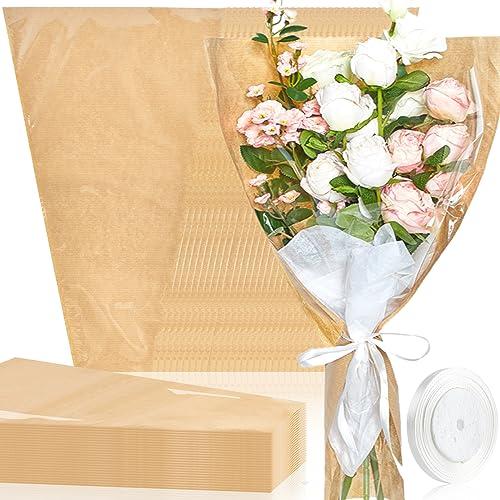 Jutieuo 50 Pcs Flower Bags for Bouquet, Flower Wrapping Kraft Paper Floral Sleeve Bouquet Bags with Ribbons for Florist Supplies Wedding Birthday Mother's Day, 14x22 Inches