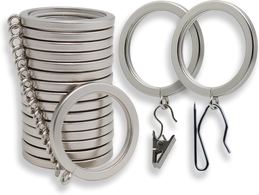 BlastHome Luxury Curtain Rings Premium Metal with Quiet, Smooth, Removable Nylon Inserts Pinhooks and Clips Included 1 1/2" Inside Diameter 18 Rings for Two Standard Curtains Brushed Nickel
