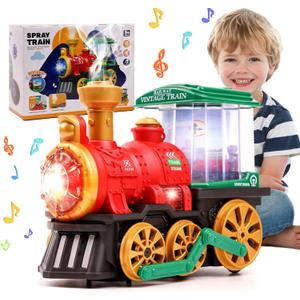 Electric Steam Train Toy for Toddlers 3-5,Bump and Go Truck w/Steam Locomotive,Smoke,Light & Sound, 360 Rotation Christmas Train Truck Toys Birthday Gift for Toddler 1 3 4 5 6 Year Old Boys Girls Kids