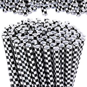 Domensi 50 Pcs Black and White Checkered Racing Straws Plastic Disposable Drinking Straws Hard Plastic Reusable Striped Flag Party Supplies for Race Car Sports Themed Birthday Decoration