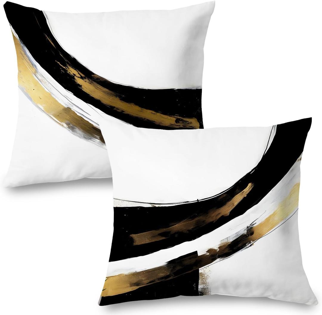 Black White Gold Pillow Covers, Abstract White Black and Gold Pillow Covers 18x18 Set of 2, Modern Black and White Pillow Covers for Couch Bed Living Room