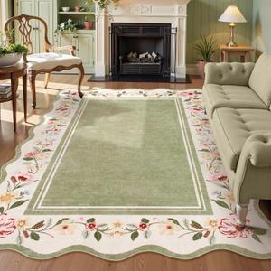 Lahome Scalloped Rug Green Living Room Rugs 8x10,Non-Slip Soft Bedroom Rugs Stain Resistant, Floral Bedroom Rug 8x10 Under Bed Carpet for Nursery Playroom Dining Room Ariele