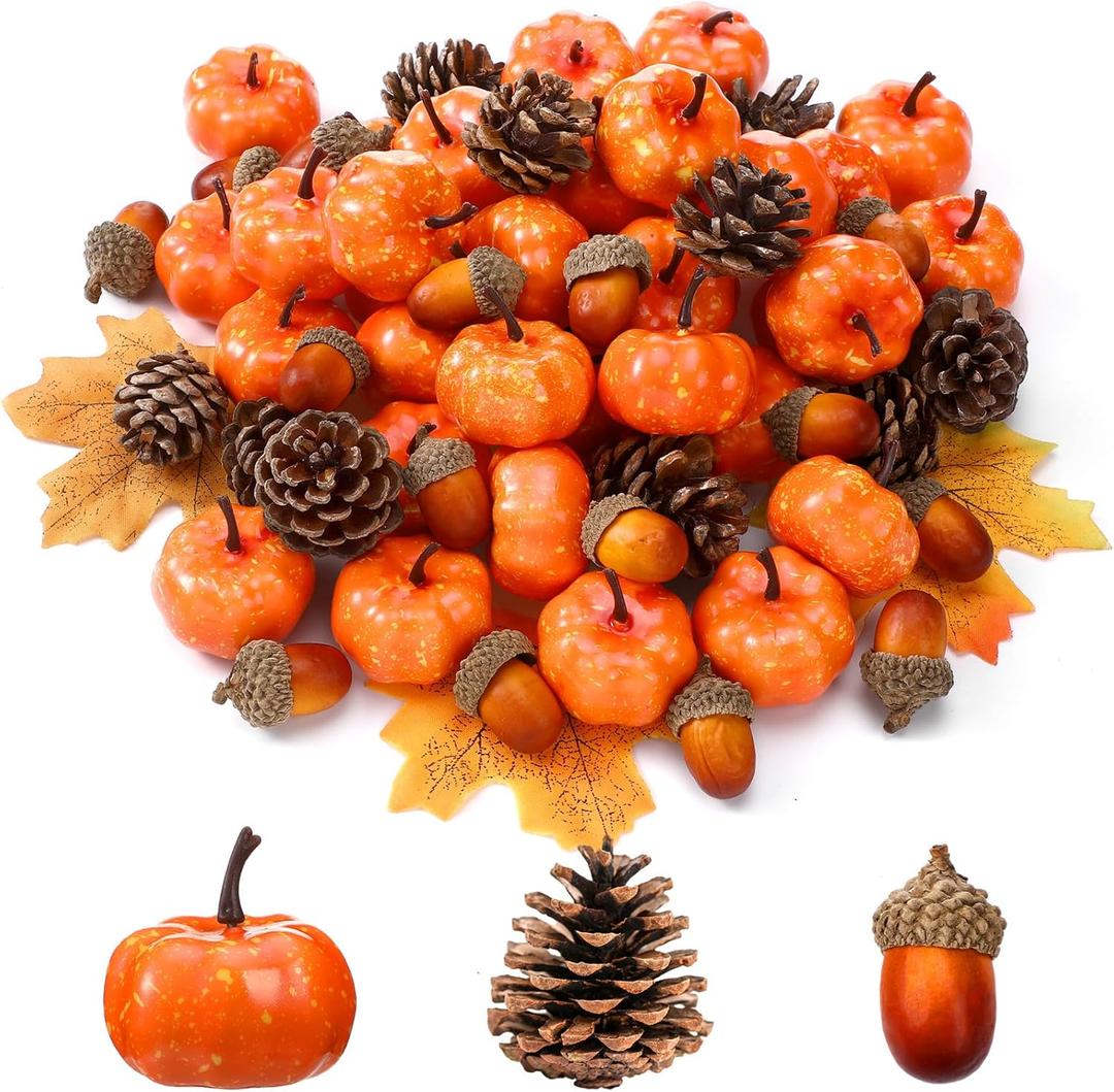 Yookeer 120 Pcs Thanksgiving Mini Pumpkins Artificial Acorns Pine Cones for Decorating Fall Vase Filler Thanksgiving Table Centerpiece Small Fake Props Bulk for Autumn Harvest DIY Craft (Classic Color)