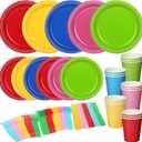Yaomiao 300 Pcs Multi Color Disposable Dinnerware Set Include 100 Pcs 7 Inch and 9 Inch Disposable Plastic Plate, 50 Forks, 50 Knives, 50 Spoons, 50 Pieces 9 oz Cup, Dinner Neon Party Plates