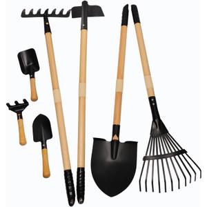POMIKU Kids Garden Tools, Rake and Shovel Set, 7 Pieces Gardening Tools for Yard, Beach, Camping Play, Outside Toys for Kids Ages 3 up Gift