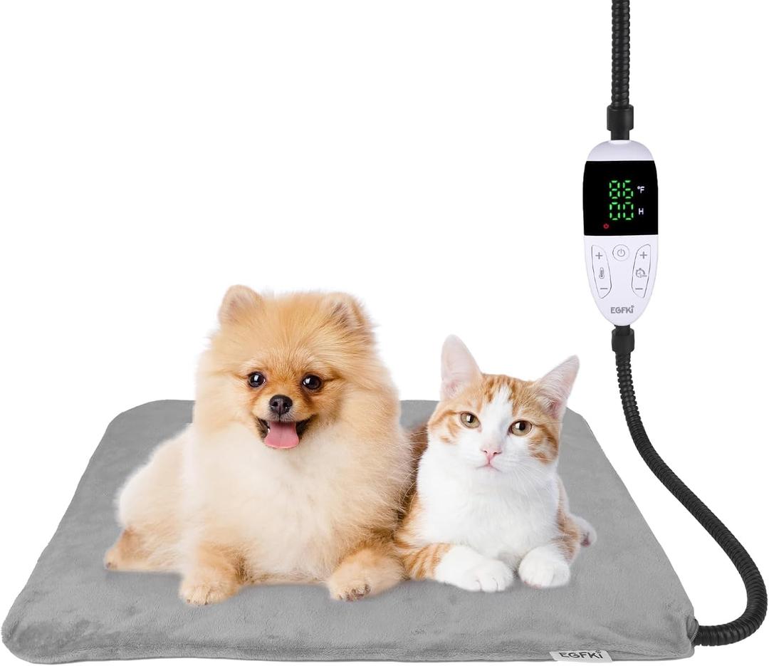 Pet Heating Pad for Cats & Small Dogs with 12 Adjustable Temperature, Waterproof & Chew Resistant Cat Heating Pad with Timer, Heated Cat Bed with Fleecy Cover (S: 20 x 16)