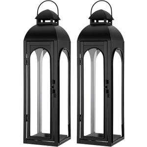 Nuogo 2 Pack 20 Inch Large Black Metal Decorative Lanterns Luxury Hurricane Modern Candle Lanterns with Clear Glass Panels for Porch Outdoor Garden Wall Hanging Patio Wedding Party Table Decoration