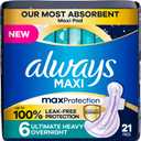 Always Maxi Overnight Feminine Pads with Wings for Women, Size 6, Ultimate Heavy Overnight Absorbency, Unscented, Up to 100% Leak-Free Protection
, 63 Count