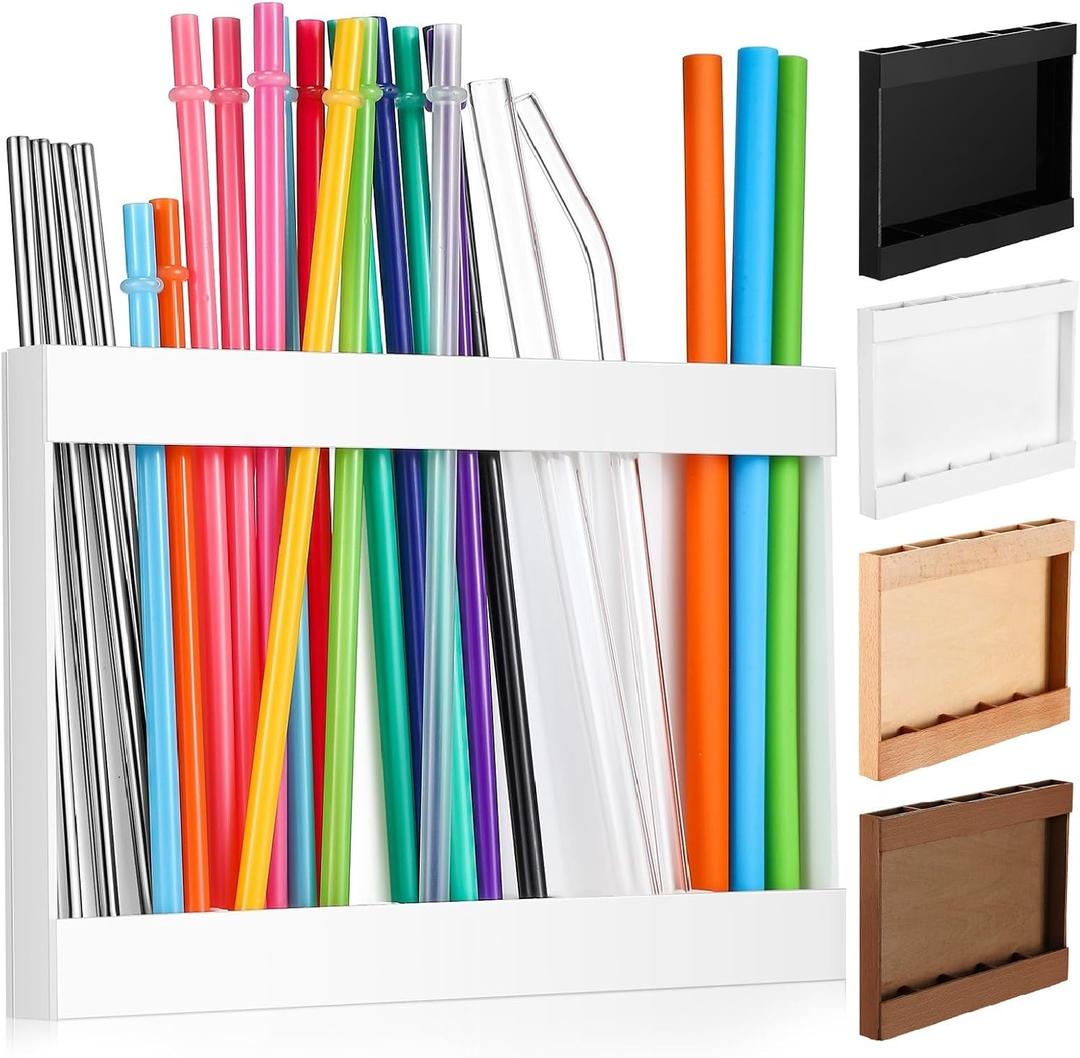 Wooden Straw Holder with Double Sided Adhesive Tape Tumbler Straw Organizer for Cupboard Reusable Tumbler Storage Container for Kitchen Counter(White)