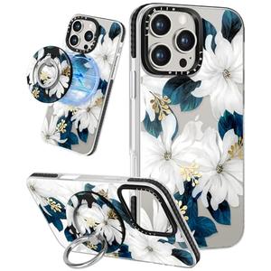 Lotadilo Case for iPhone 16 Pro Case Compatible with Magsafe Ring Holder Stand - for Women Blue Flower Design TPU Phone Cover for Girls Girly Funny Fashion