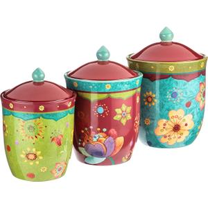 Tunisian Sunset 3-Piece Ceramic Canister Set  Colorful Floral Kitchen Storage Jars with Lids, Includes 104 oz., 72 oz., and 54 oz. Sizes for Flour, Sugar, Coffee & Dry Goods