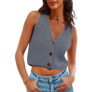 Saodimallsu Womens Cropped Sweater Vest V Neck Button Down Y2k Crop Knit Summer Trendy Sleeveless Chunky Tank Tops (L)