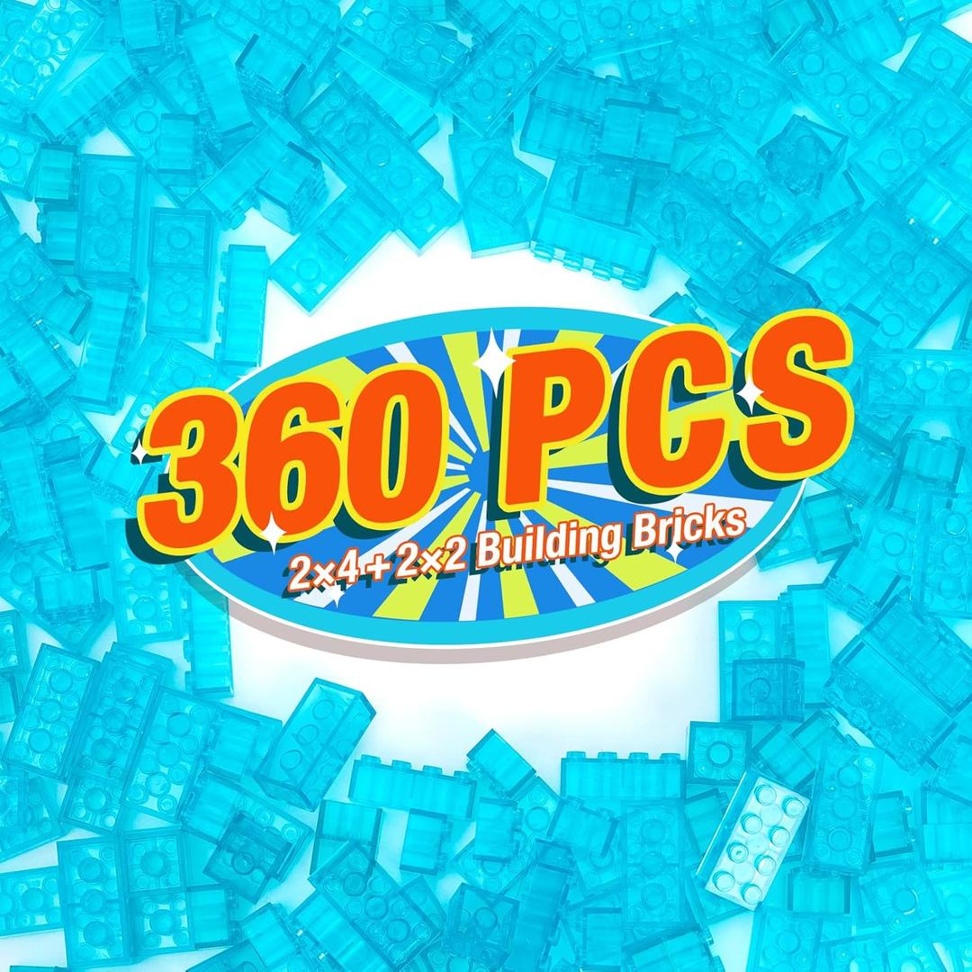 360 Pieces Building Bricks, Classic Basic Flats Parts and Pieces - 2x4 Brick x200 and 2x2 Brick x160, Moc Building Bulks Compatible with All Major Brands, Clear Blue
