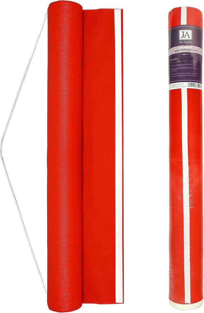 Red Aisle Runner - Professional-Grade Nylon, Includes Tape Double-Sided Adhesive - Disposable Scroll Pattern Runner Great for Indoor Events or Weddings, Prom, Hollywood Parties