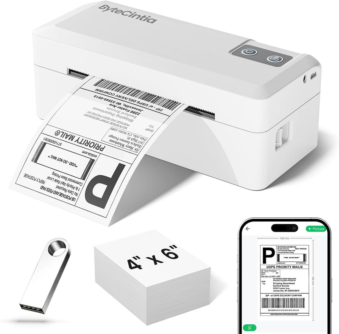 Bluetooth Thermal Shipping Label Printer, 4x6 Shipping Label Printer for Small Business, Support Android, iOS, Windows & Mac, Works with Amazon, Ebay, Shopify, Etsy (White)