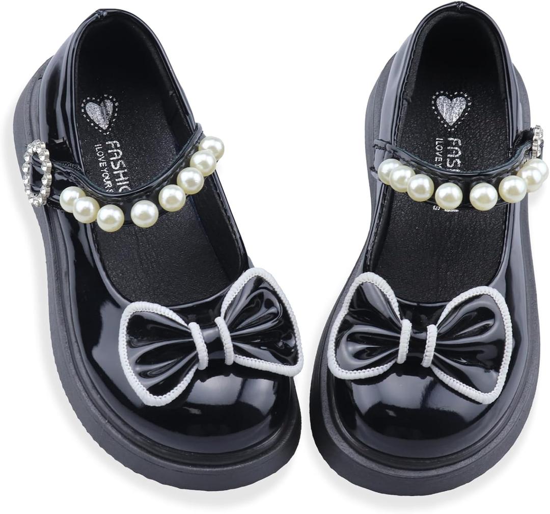 Elcssuy Toddler Little Girl Mary Jane Dress Shoes - Ballet Flats for Easter Flower Girl Party School Shoes Black Bow, Size 2
