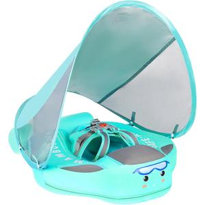 Mambobaby Non-Inflatable Baby Pool Float with Tail and Canopy UPF 50+ Sun Protection No Flip Over Infant Swim Float Skin-Friendly Mambo Float Swim Trainer Solid Baby Swimming Ring Aged 3-24 Months (Classical Green)