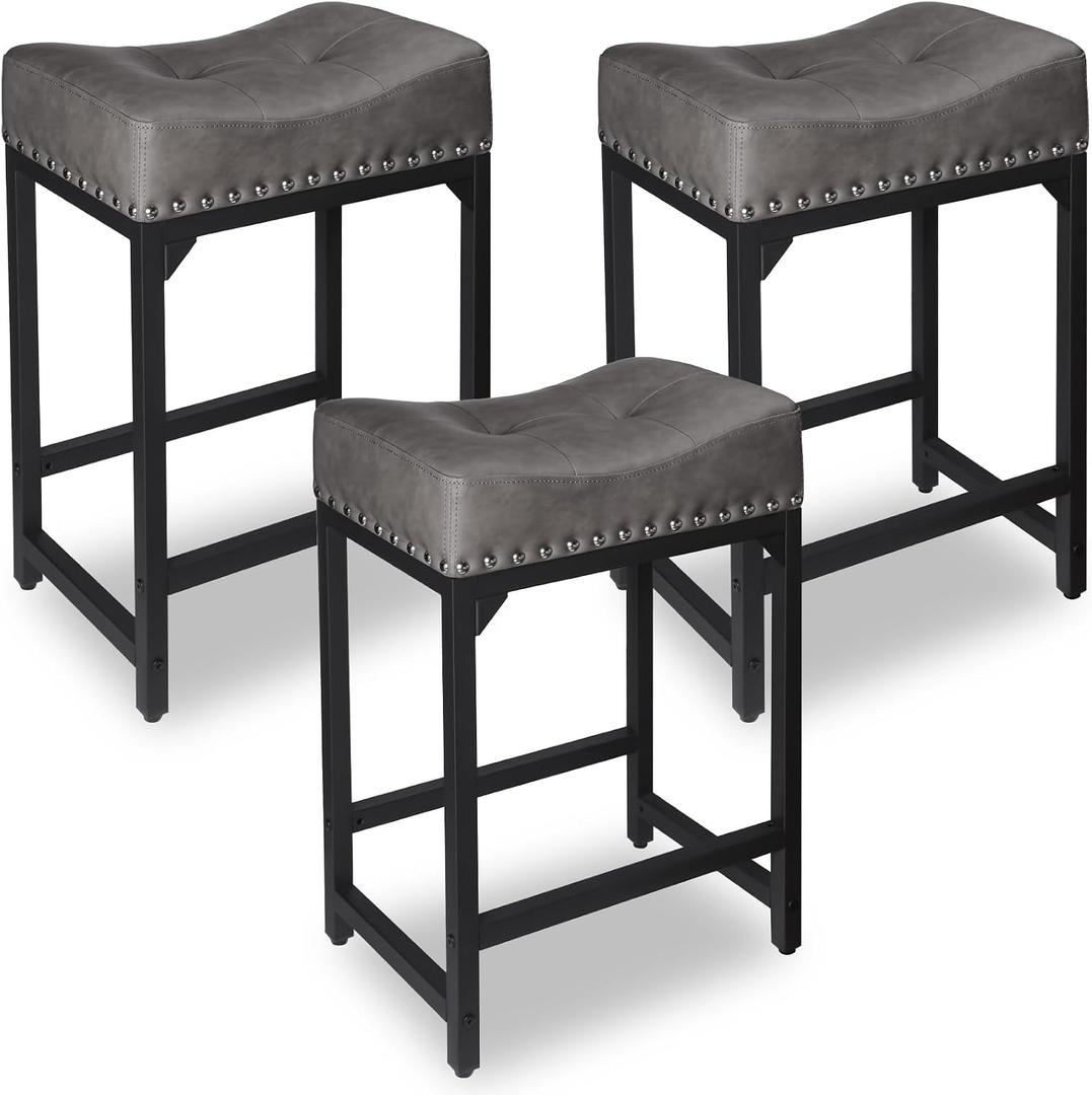 Counter Height Bar Stools Set of 3, Stools for Kitchen Island Set of 3, 24 Inch Counter Stool Saddle Backless Barstools for Kitchen Counter -Grey, 24" Set of 3 with Nailhead Trim