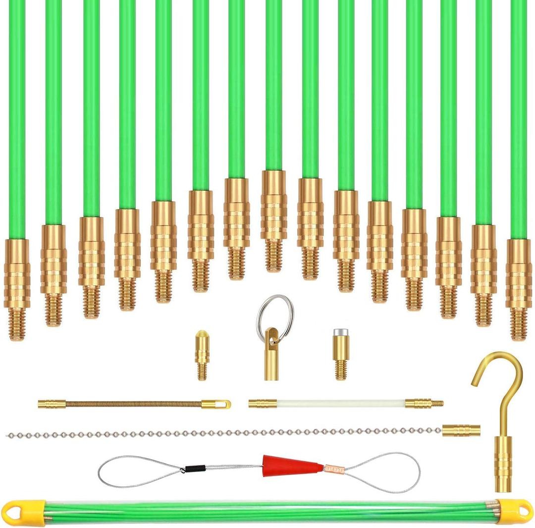 50 Feet Fiberglass Fish Tape Cable Rods, Electrical Wire Running Pull/Push Kit with Hook and Hole Kit Glow Rod, Hook Hole, Green