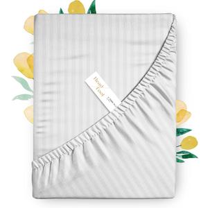 Carressa Linen 100% Egyptian Cotton Deep Pocket Queen Striped Fitted Sheet Only - 800 Thread Count Luxury Damask Fitted Sheet, Soft, Cooling Bottom, Fits Mattress Upto 18 in - White Stripe