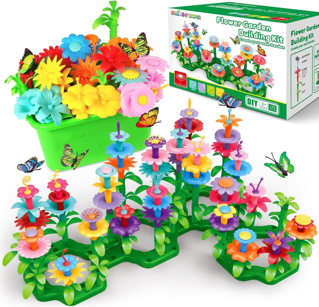 SpringFlower Toys for Girls 3 4 5 6 7 Years Old, Flower Garden Building Kit with Storage case,Educational STEM Toy and Preschool Garden Play Set for Toddlers, for Kids,148pcs, Medium