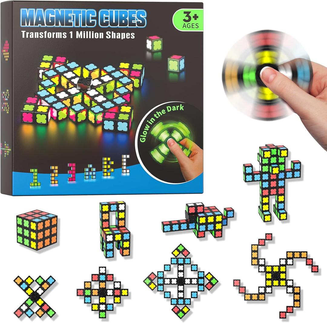 Magnetic Fidget Spinner Mini-38 Blocks, Glow Magnet Cube & Transformable Fidget Spinner & Infinity Cube & 3x3x3 Cube-4 in 1 Toy, STEM Building Tiles Stress Relief Sensory Gift for Kid Boy Girl Adult