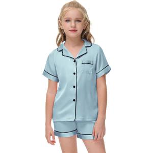 Veseacky Big Girls Boys Pajamas Set Satin Silk Short Sleeves Sleepwear 2 Piece Button-Down Classic Pjs Set (Light blue,12y)