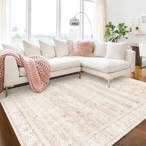 BILEEHOME Nursery Rug for Baby Girl Neutral Blush Pink Boho Floral Washable Soft Faux Wool Area Rugs for Living Room Bedroom,5x8