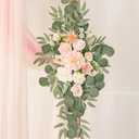 Deluxe Pink Artificial Wedding Arch Flowers with Drapes Kit-Pack of 5, 2pcs Flower Arrangements 3pcs Hanging Sheer Drapes Blue Ceremony Arbor Reception Backdrop Rose Floral Decorations.
