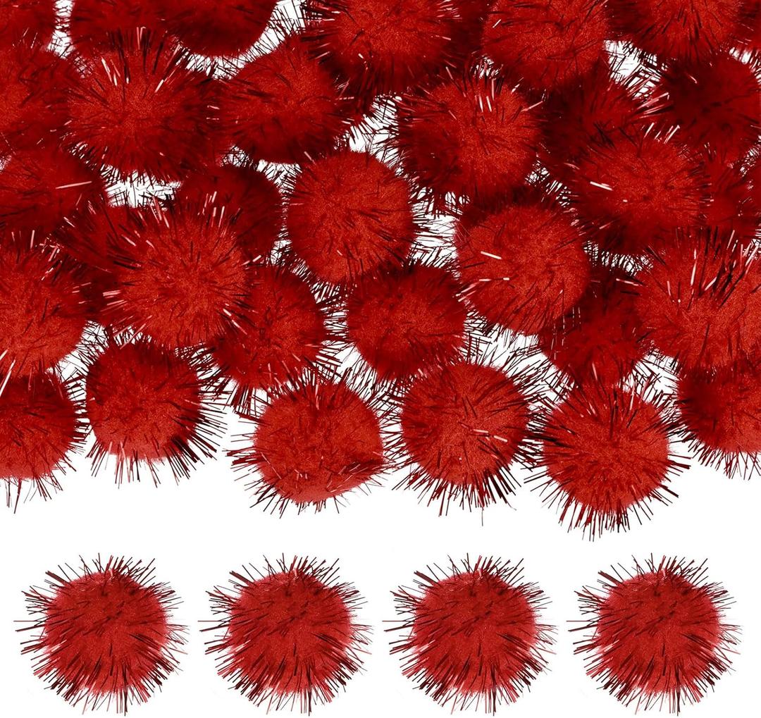 60-Pack Glitter Pom Pom Balls, 1 in/2.5 cm Mini Tinsel Sparkle Balls for Arts/DIY Crafts/Party Decoration/Christmas/Cat, Soft Assorted Puff Ball [Bright Red]