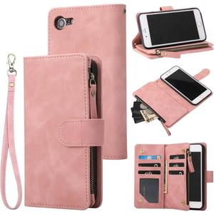 RANYOK Wallet Case Compatible with iPhone SE 2022 5G, iPhone 7/8/SE 2020 (4.7 inch), RFID Blocking PU Leather Zipper Flip with Wrist Strap [Kickstand] Protective Case for iPhone 7/8/SE 2/SE 3 - Pink