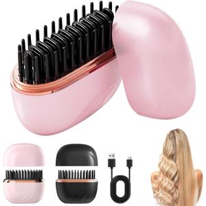 Mini Straightener,Rechargeable Portable Hair Straightener Brush,Fast Heating Hot Comb,Anti Scald Shell,3-Speed Temperature Control,Lightweight Mini Hair Straightener Brush for Home Travel Gift (Pink)