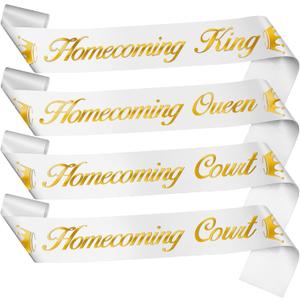 8 Pcs Homecoming Court Sashes Set School Dance White Gold Print Prom Court Sash for School Dance Party Halloween Wedding Pageants Ceremony Accessories