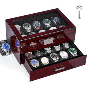 ANWBROAD Watch Box 20 Slot Watch Cases for Men with Large Glass Lid 2-Tier Watch Display Case Lockable Wooden Watch Organizer Elegant Watch Holder for Women UJWB002Y
