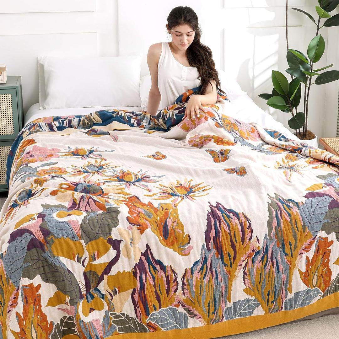 Boho Throw Blanket for Bed - 100% Pure Cotton Ultra Soft Rustic Quilt - Farmhouse Decor Bed Blankets, All Season Rustic Throw for Sofa Couch Chair(80''x 90'', Floral) (Floral Print 5)