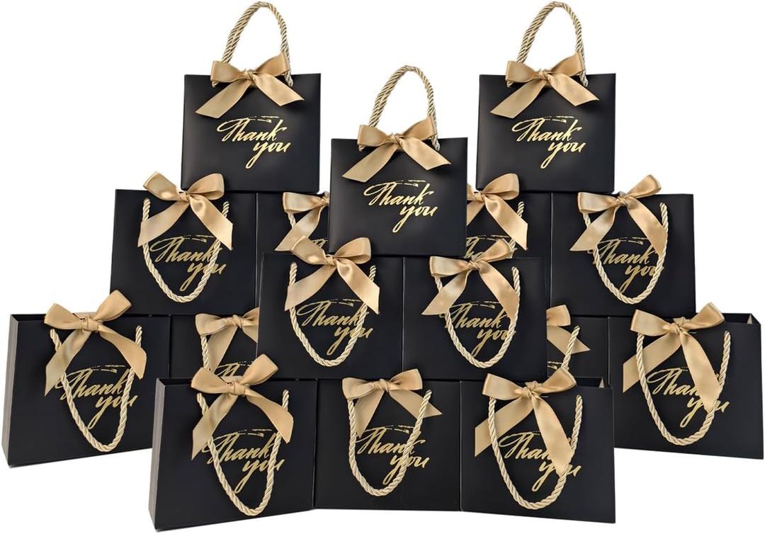 TKSBAG 100 Pack Small Thank You Gift Bags with Handles, 5.5''x 2.5''x4.7'' Mini Black Gift Bags Bulk for Baby Shower, Birthday, Wedding, Party Favors, Back to School, Summer Party