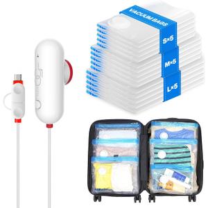 VMstr 15 Pack Travel Vacuum Storage Bags with USB Pump, Vacuum Packing Seal for Luggage and Suitcase, Space Saver for Clothes and Clothing Travel