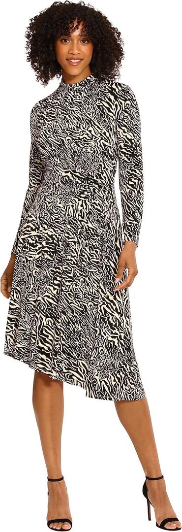 Maggy London Women's Long Sleeve Mock Neck Midi Dress with Asymmetrical Hem (Charcoal/Cream) 14W Maggy London Women's Long Sleeve Mock Neck Midi Dress with Asymmetrical Hem (Charcoal/Cream) 14W