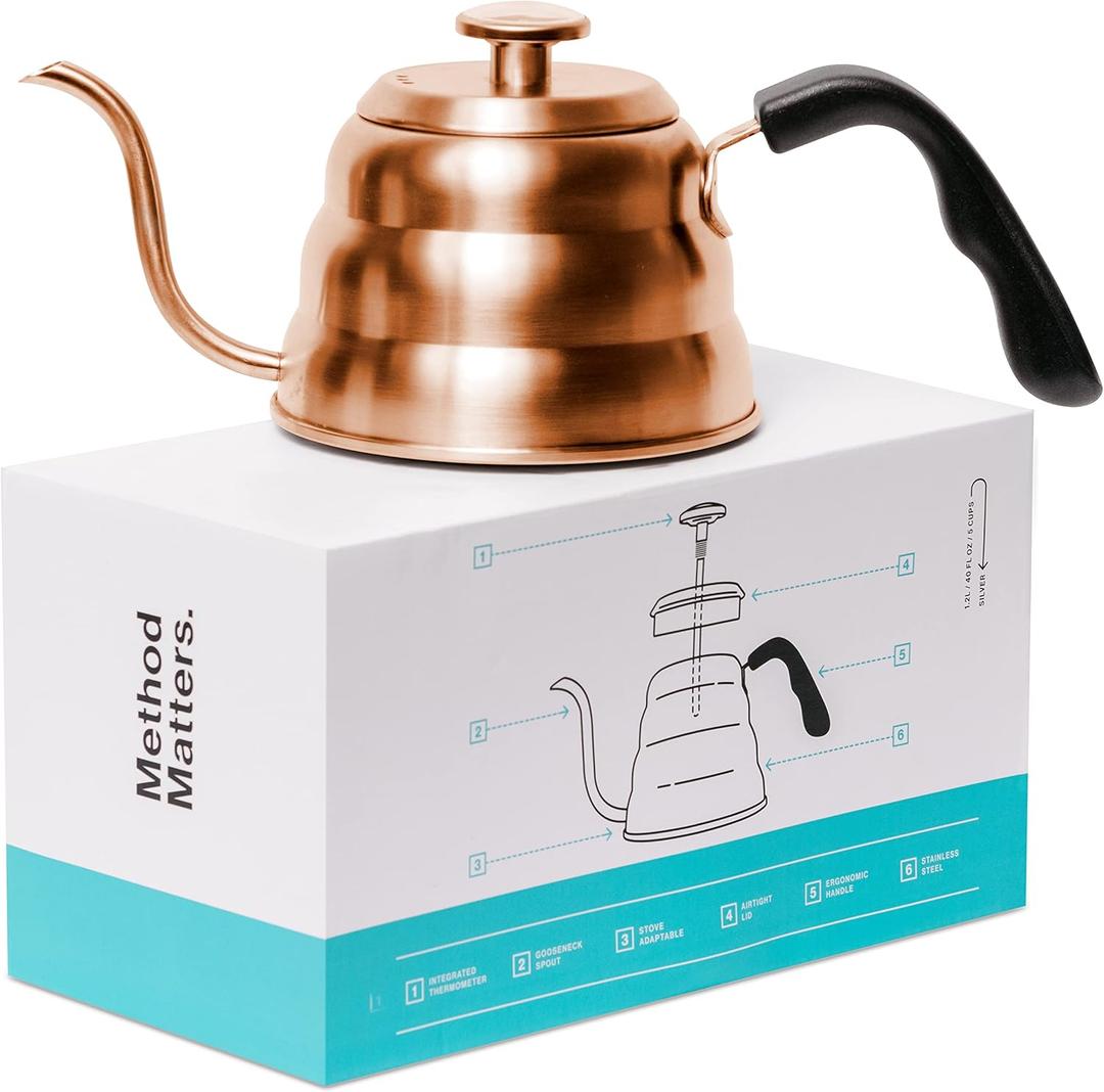 Barista Warrior Pour Over Coffee Kettle with Thermometer  Gooseneck Kettle for Coffee and Tea, Stainless Steel for All Stovetops (Copper Coated, 1.0 Liter, 34 fl oz)