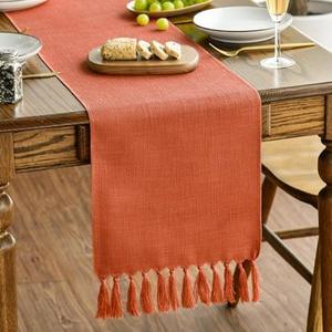 Artoid Mode Terracotta Orange Tassel Table Runner, Fall Linen Blend Rustic Farmhouse Style Kitchen Table Decoration Holiday Wedding Party Dinning Decor 13x72 Inch