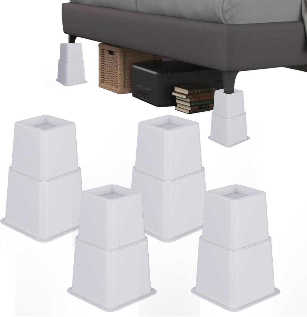 Heavy Duty Bed Risers - Set of 4 Adjustable Furniture Risers, Elevation Heights of 3, 5 & 8 Inches, Supports Up to 1,300 lbs for Bed, Couch, Table & Chair(White)