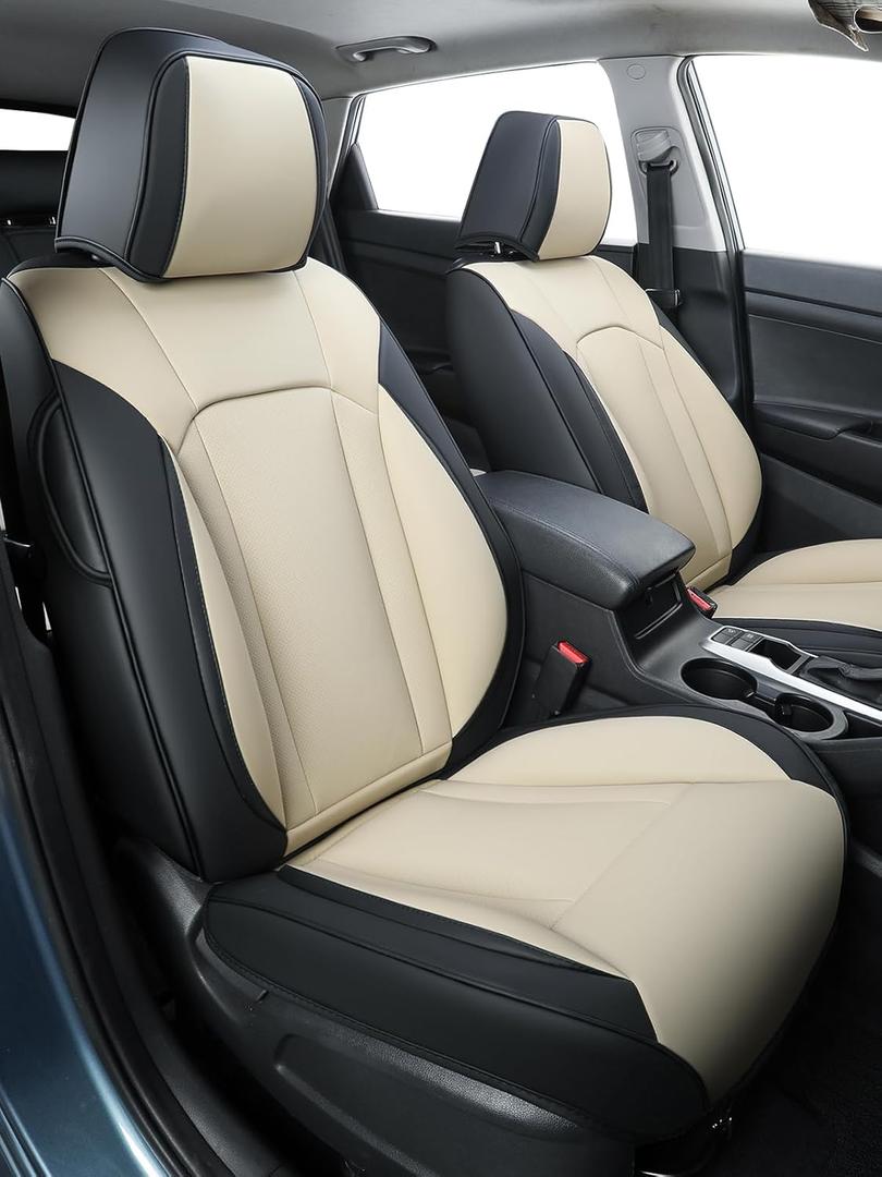 FREESOO Car Seat Covers Full Set - Faux Leather Universal Automotive Seat Covers Car Seat Cover Protectors Universal Fit for Most 5 Seats Cars Sedans Trucks SUVs with Breathable Waterproof Black-Beige